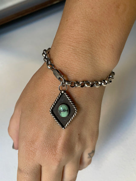Vintage Sterling Variscite Diamond Charm Bracelet