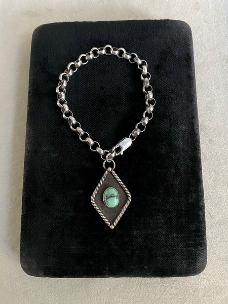 Vintage Sterling Variscite Diamond Charm Bracelet