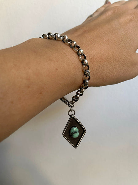 Vintage Sterling Variscite Diamond Charm Bracelet