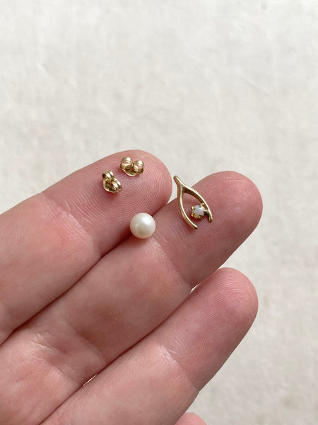 Vintage 14k Wishbone+Opal and Pearl Stud Earrings